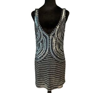 Basix black label silver black beaded mini dress 10 moulin rouge great gatsby